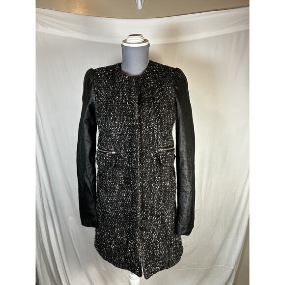 Zara Woman Bouclé Wool Alpaca Mohair XS Black Leather Sleeved lined Coat Jacket - Picture 1 of 8